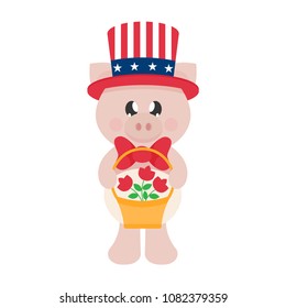 4 july cartoon cute pig in hat with basket and flowers