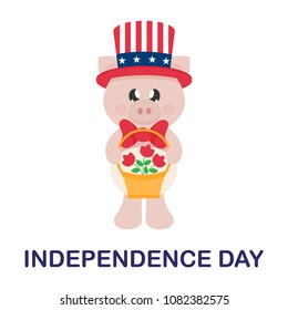 4 july cartoon cute pig in hat with basket and flowers with text