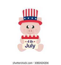 4 july cartoon cute pig in hat sitting with calendar