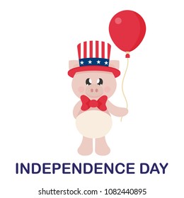 4 july cartoon cute pig in hat with balloon and text