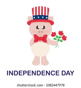 4 july cartoon cute pig in hat with flowers and text