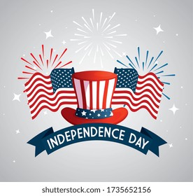 4 of july happy independence day with top hat and decoration vector illustration design