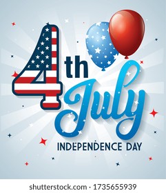 4 of july happy independence day with balloons helium decoration vector illustration design
