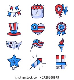4 July icon set. Usa Independence Day hand drawn doodle Icons Isolated On White Background. Hand Draw cartoon style Traditional United States