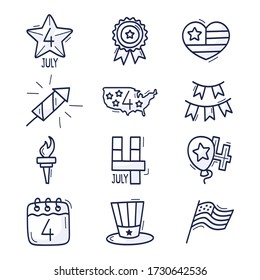 4. Juli Symbol gesetzt. Usa Independence Day Hand gezeichnete doodle Icons isoliert auf weißem Hintergrund. Hand Draw Cartoon Stil Traditionelle Vereinigten Staaten