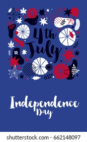 4 July Independence Day banner template with patriotic symbols and abstract elements. Modern hand drawn illustration style.