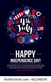 4 July Independence Day banner template with patriotic symbols and abstract elements. Modern hand drawn illustration style.
