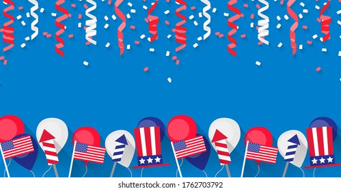 4 of July Independence Day festive background with American flags, balloons, petards, confetti, streamers, hats, vector illustration