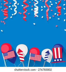 4 july Independence Day festive background with American flags, balloons, petards, confetti, streamers, hat, vector illustration