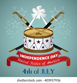 4 July Independence Day festive background with sword, drum, vector illustration