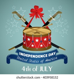 4 July Independence Day festive background with sword, drum, vector illustration