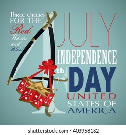 4 July Independence Day festive background with sword, drum, vector illustration