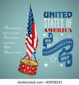 4 July Independence Day festive background with American flags, drum, vector illustration