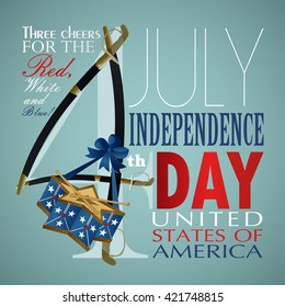 4 July Independence Day festive background with sword, drum, vector illustration