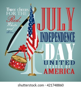 4 July Independence Day festive background with sword, drum, vector illustration