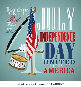4 July Independence Day festive background with sword, drum, vector illustration