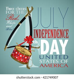 4 July Independence Day festive background with sword, drum, vector illustration