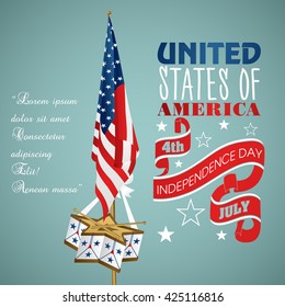 4 July Independence Day festive background with American flags, drum, vector illustration