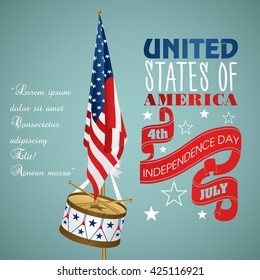 4 July Independence Day festive background with American flags, drum, vector illustration