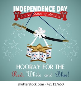 4 July Independence Day festive background with sword, drum, vector illustration