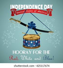 4 July Independence Day festive background with sword, drum, vector illustration