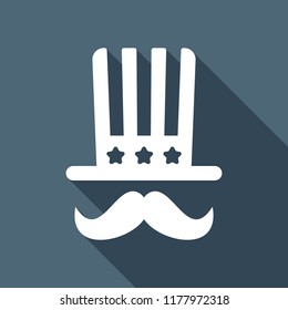 4 july, independence day. hat and mustache icon. White flat icon with long shadow on background