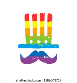 4 july, independence day. hat and mustache icon. Drawing sign with LGBT style, seven colors of rainbow (red, orange, yellow, green, blue, indigo, violet