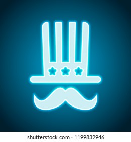 4 july, independence day. hat and mustache icon. Neon style. Light decoration icon. Bright electric symbol