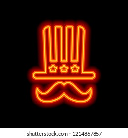 4 de julio, día de la independencia. Icono de sombrero y bigote. Estilo neón naranja sobre fondo negro. Icono de luz