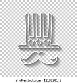 4 july, independence day. hat and mustache icon. White outline sign with shadow on transparent background