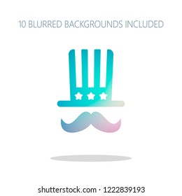 4 july, independence day. hat and mustache icon. Colorful logo concept with simple shadow on white. 10 different blurred backgrounds included
