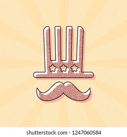 4 july, independence day. hat and mustache icon. Vintage retro typography with offset printing effect. Dots poster with comics pop art background