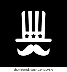 4 july, independence day. hat and mustache icon. White icon on black background. Inversion