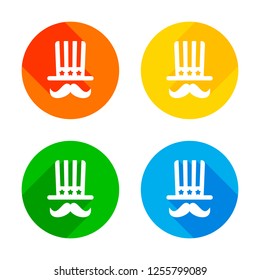 4 july, independence day. hat and mustache icon. Flat white icon on colored circles background. Four different long shadows in each corners