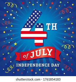4 of July independence day USA with flag, greeting card. Typography for banner, decoration and covering with flag in numbers. Concept poster of Fourth of July