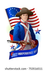 4 july independence day of USA graphic composition: soldier, flag and ribbon banner
