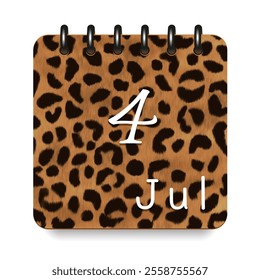 4 July. Leopard print calendar daily icon. White letters. Date day week Sunday, Monday, Tuesday, Wednesday, Thursday, Friday, Saturday.