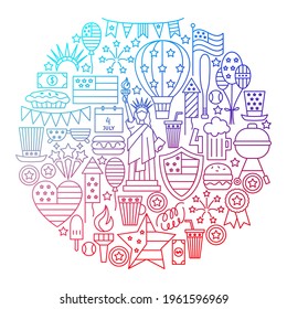 4 July Line Icon Circle Design. Vector Illustration of Outline Poster.