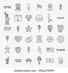 4 July Line Icons Set. Vector Thin Outline USA Happy Independence Day Symbols.