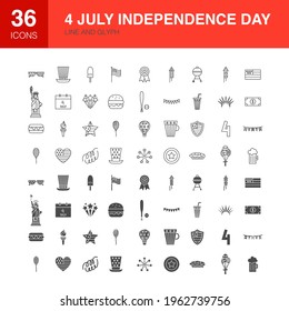 4 July Line Web Glyph Icons. Vector Illustration of USA Independence Day Outline and Solid Symbols. 