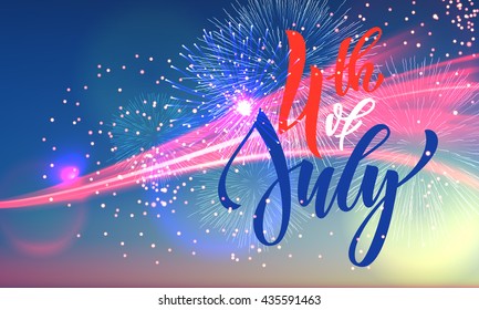 4 July USA fireworks greeting card. United States of America Independence Day national holiday card design. Festive US Flag background wallpaper.