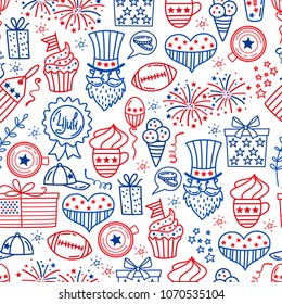 4 july. USA independence day seamless background.Hand draw traditional United States symbols . Doodle style vector illustration.