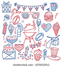 4 july. USA independence day icons isolated on white background.Hand draw traditional United States symbols . Doodle style vector illustration.