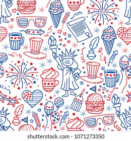 4 july. USA independence day seamless background.Hand draw traditional United States symbols . Doodle style vector illustration.