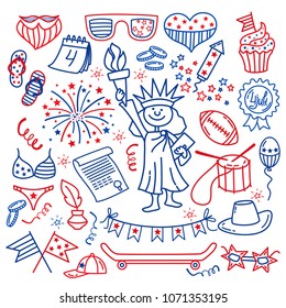 4 july. USA independence day icons isolated on white background.Hand draw traditional United States symbols . Doodle style vector illustration.