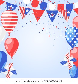 4 of July USA Independence Day. Abstract holiday frame with place for text. Vector white background with fireworks, flags and air balloons.