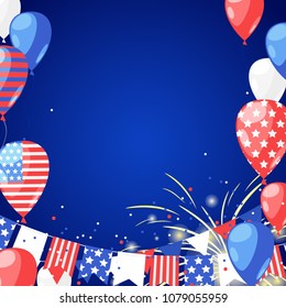 4 of July USA Independence Day. Abstract holiday frame with place for text. Vector background with fireworks, flags and air balloons.