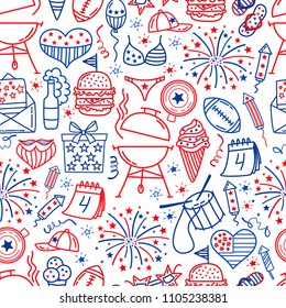 4 july. USA independence day seamless background.Hand draw traditional United States symbols . Doodle style vector illustration.