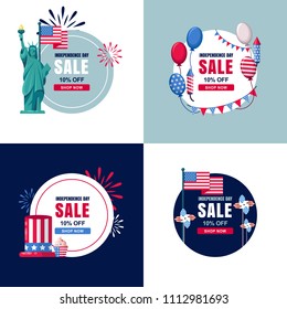 4 of July, USA Independence Day sale banners set. Vector holiday circle label, sticker backgrounds with flag, air balloons and fireworks.