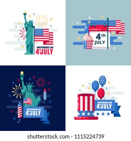 4 of July, USA Independence Day sticker, label design elements. Vector holiday greeting card illustration.